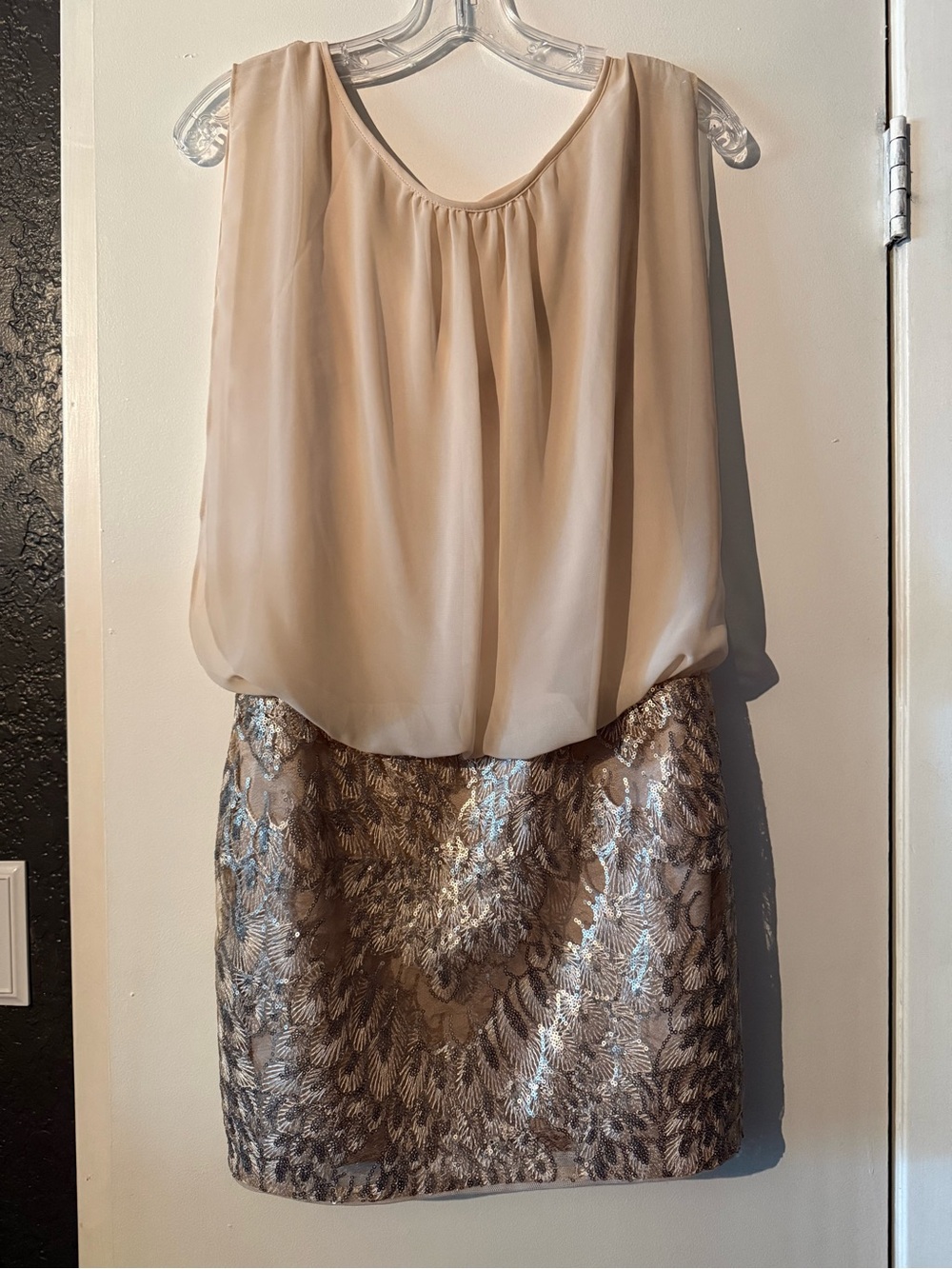 Aidan by Aidan Mattox Beige Blouson Top with Metallic Brocade Pencil Skirt